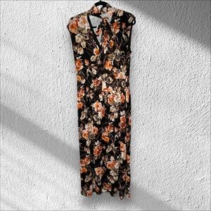 WHBM Terrace & Black Floral‎ Tiger Tie-Neck Maxi Dress, size Large Resort Beach